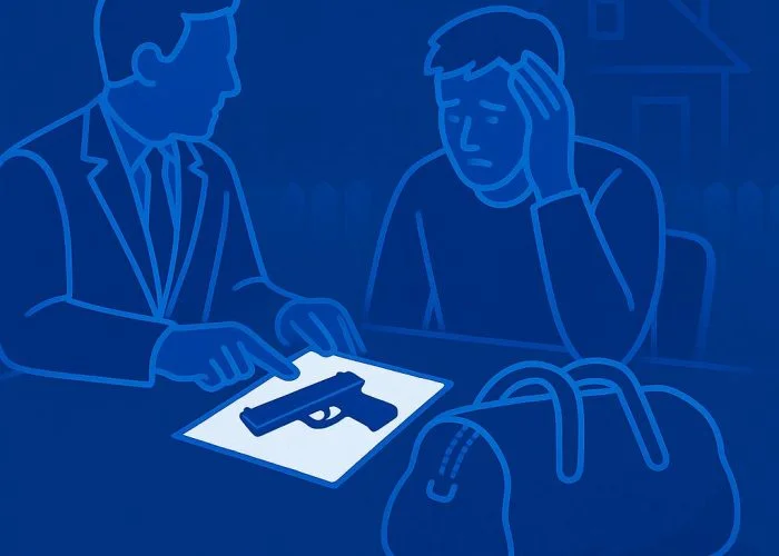 Santa Ana residential robbery defense attorney reviewing firearm evidence and case details with client accused of home invasion