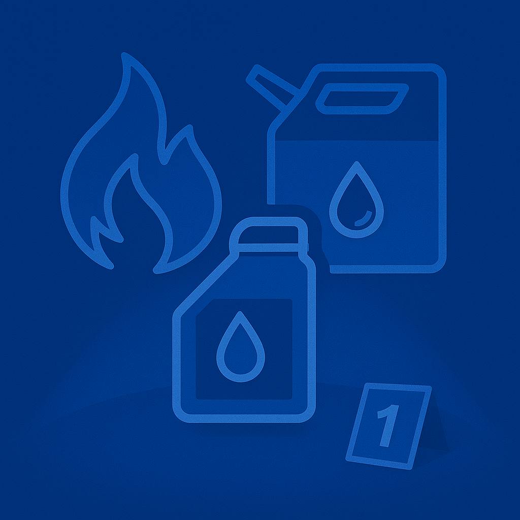 Santa Ana arson defense attorney reviewing fire investigation evidence involving gasoline containers and burn patterns.