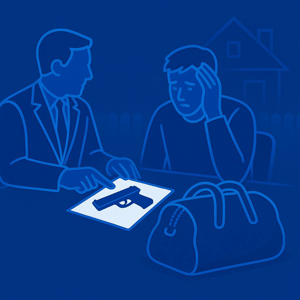 Santa Ana residential robbery defense attorney reviewing firearm evidence and case details with client accused of home invasion