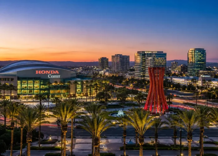 Anaheim skyline near the Honda Center representing criminal defense services for Anaheim residents