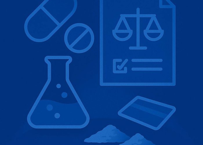 Santa Ana drug crimes defense attorney evaluating narcotics evidence including prescription pills, chemical substances, and legal documentation