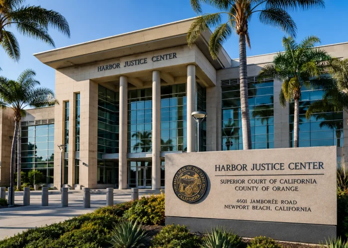 Harbor Justice Center courthouse in Newport Beach California serving criminal cases throughout coastal Orange County