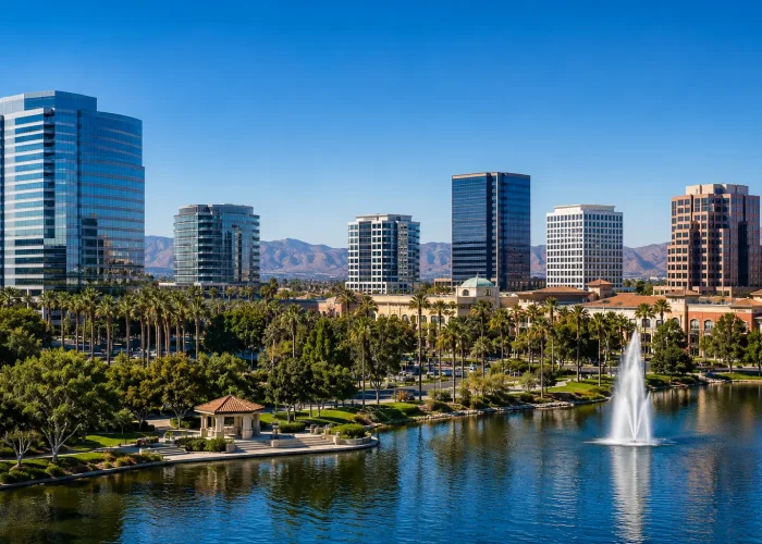 Modern Irvine California business district representing criminal defense services in Irvine