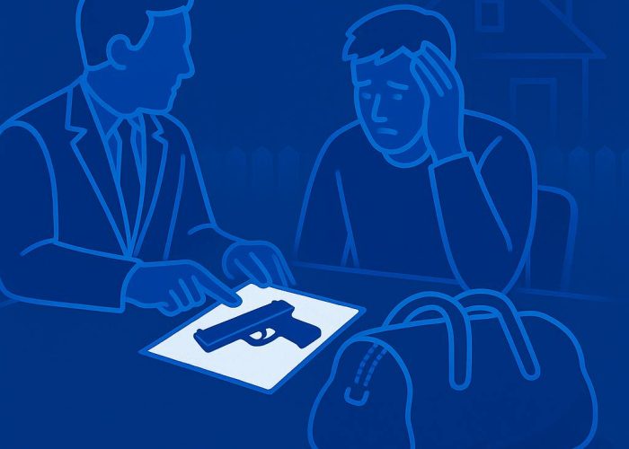 Santa Ana residential robbery defense attorney reviewing firearm evidence and case details with client accused of home invasion